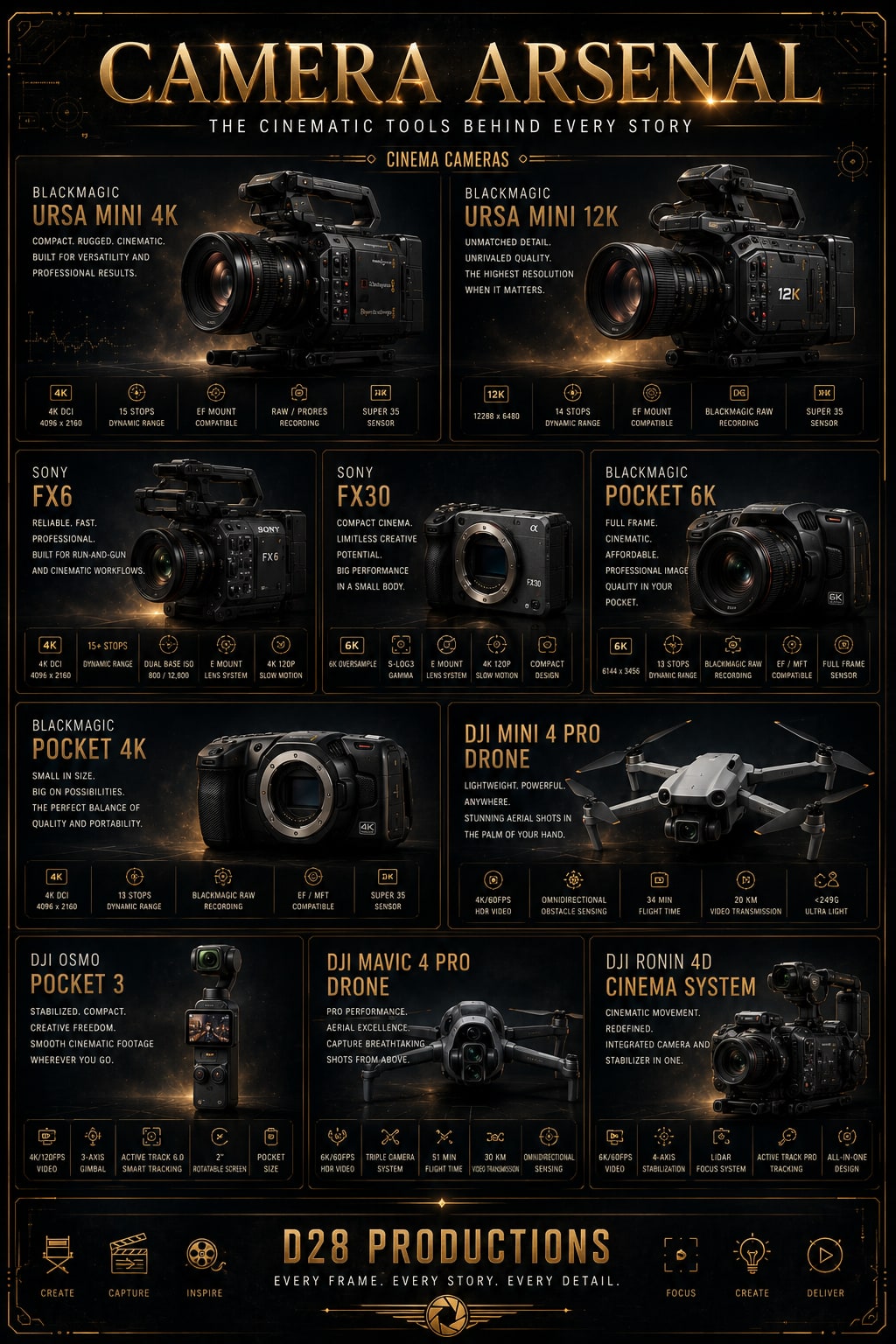 Camera Arsenal — Blackmagic and Sony cinema cameras, DJI drones and gimbal systems