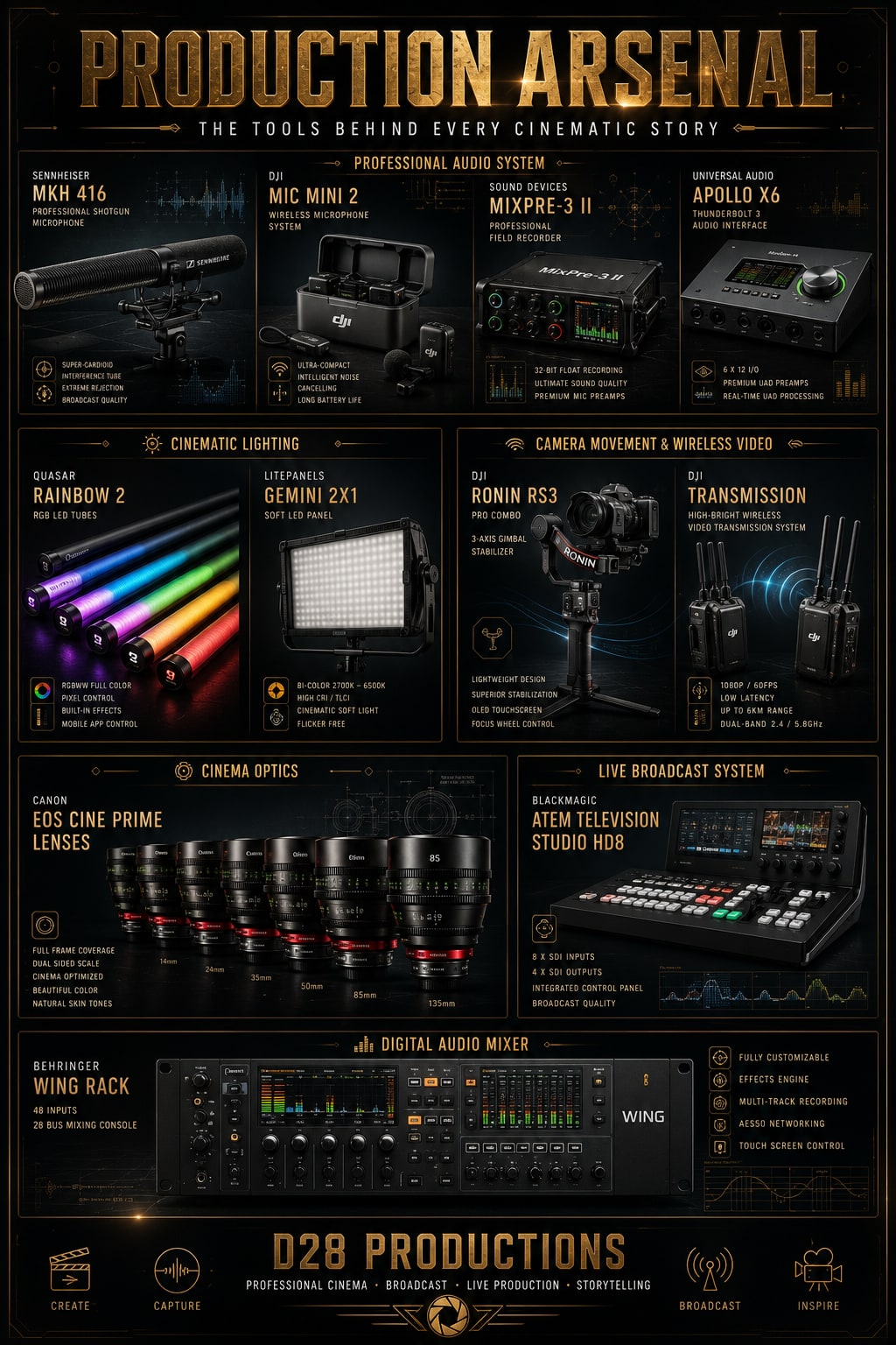 Production Arsenal — audio, lighting, camera movement, cinema optics, live broadcast, and digital audio mixer gear